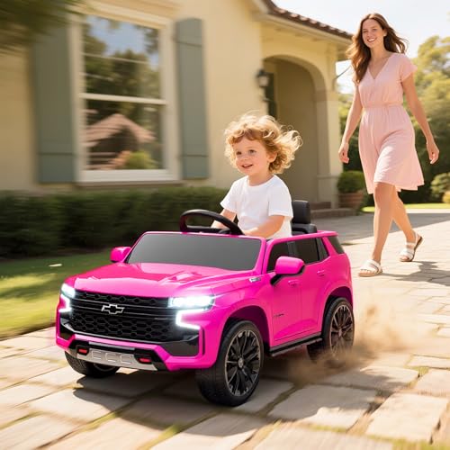 Aosom Licensed Chevrolet Tahoe Ride On Car  12V 7AH Battery Power Ride On Toy with Parent Remote Control  LED Lights  Music  4 Wheeler Suspension  3 Speeds  Kids Electric Vehicle for Aged 3   Pink