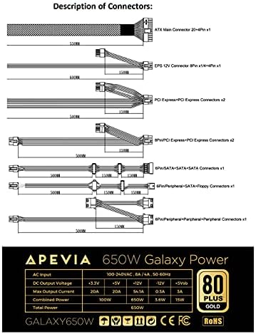 Apevia ATX GX650W Galaxy 650W 80  Gold Certified Active PFC ATX Semi Modular Quiet Gaming Power Supply
