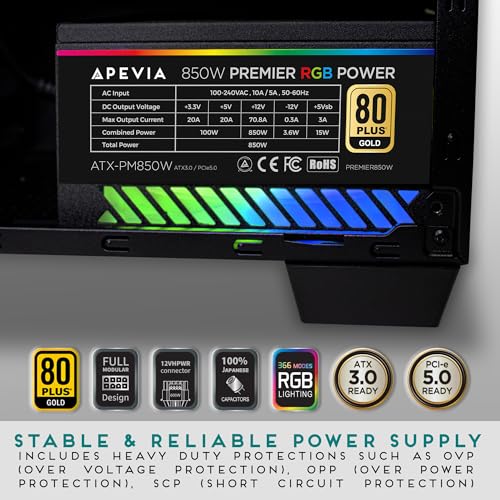 Apevia ATX PM850W PCIe 5 0 ATX 3 0 Ready Premier 850W 80  Gold Certified  Active PFC ATX Semi Modular Gaming Power Supply  366 RGB Light Modes