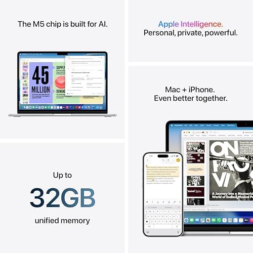 Apple 2026 MacBook Air 15 inch Laptop with M5 chip  Built for AI  15 3 inch Liquid Retina Display  16GB Unified Memory  512GB SSD  12MP Center Stage Camera  Touch ID  Wi Fi 7; Midnight
