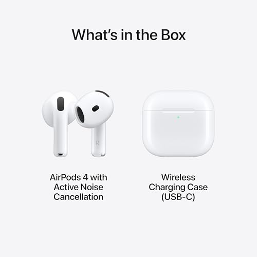 Apple AirPods 4 Wireless Earbuds  Bluetooth Headphones  with Active Noise Cancellation  Adaptive Audio  Transparency Mode  Personalized Spatial Audio  USB C Charging Case  Wireless Charging  H2 Chip