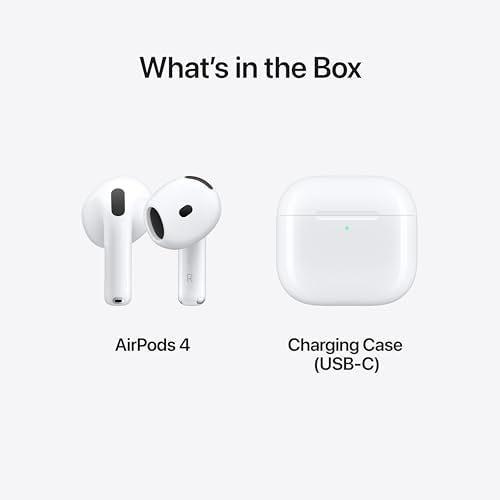 Apple AirPods 4 Wireless Earbuds  Bluetooth Headphones  Personalized Spatial Audio  Sweat and Water Resistant  USB C Charging Case  H2 Chip  Up to 30 Hours of Battery Life  Effortless Setup for iPhone