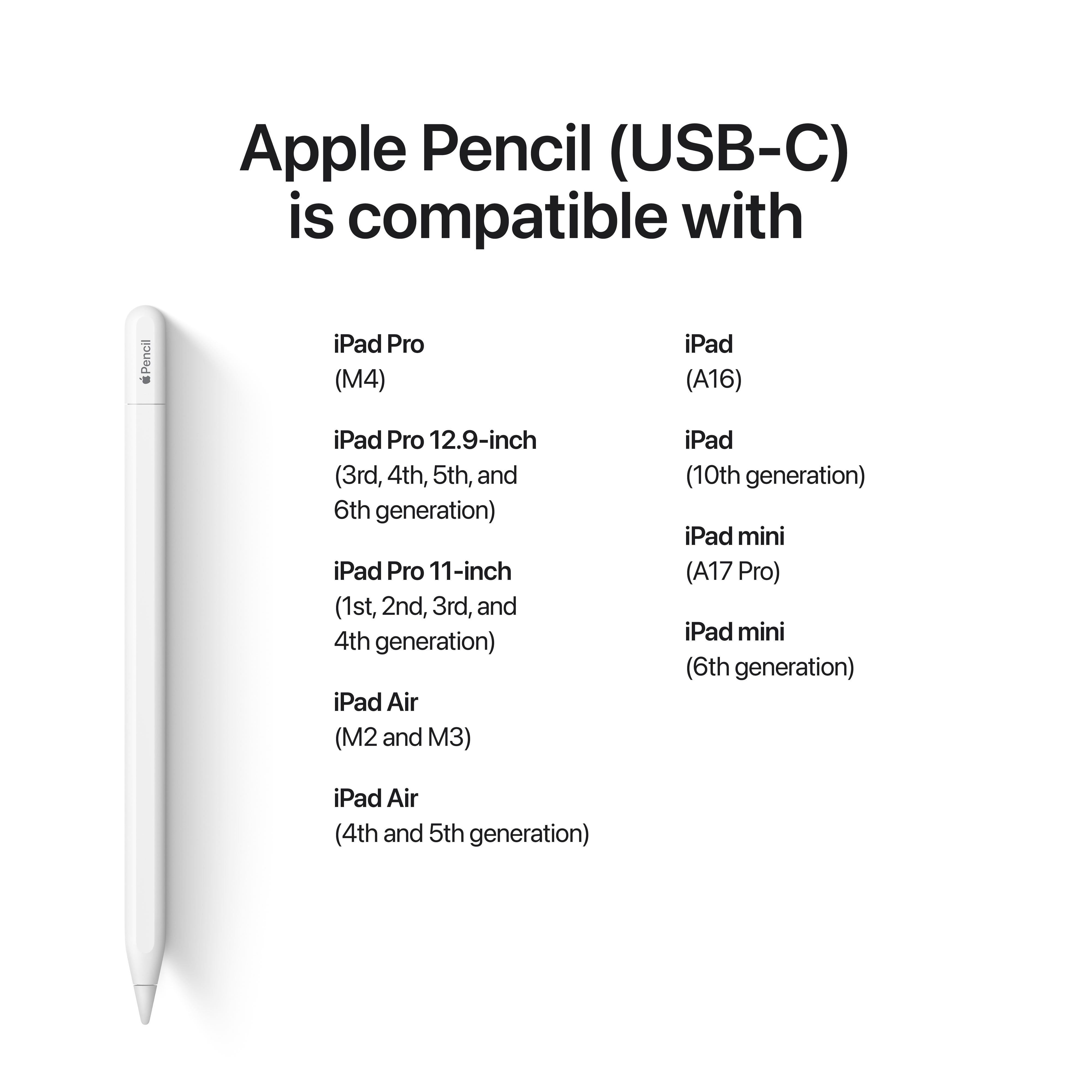 Apple Pencil  USB C   Pixel Perfect Precision  Tilt Sensitivity  and Industry Leading Low Latency for Note Taking  Drawing  and Signing Documents  Attaches Magnetically  Charges and Pairs with USB C