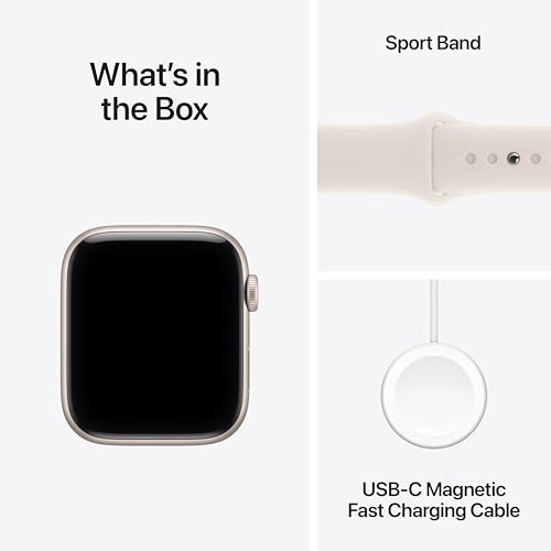 Apple Watch SE 3  GPS 44mm  Smartwatch with Starlight Aluminum Case with Starlight Sport Band   M/L  Fitness and Sleep Trackers  Heart Rate Monitor  Always On Display  Water Resistant