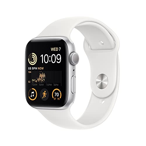 Apple Watch SE  2nd Gen   GPS 44mm  Smart Watch w/Silver Aluminum Case & White Sport Band   M/L  Fitness & Sleep Tracker  Crash Detection  Heart Rate Monitor  Retina Display  Water Resistant