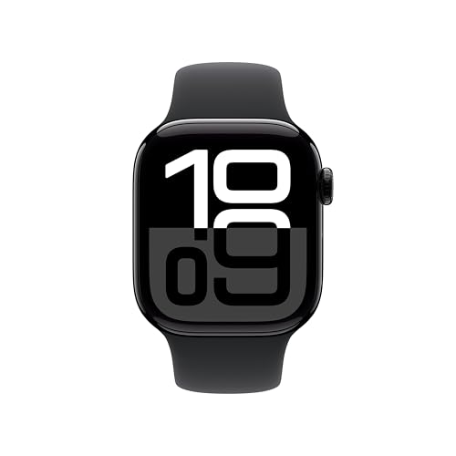 Apple Watch Series 10 (42 mm, GPS) con caja de aluminio negro azabache, con correa deportiva negra, S/M monitor de fitness, app de ECG, pantalla Retina siempre activa, impermeable