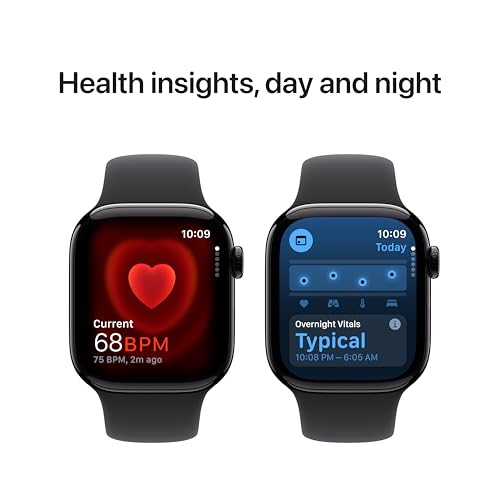 Apple Watch Series 10 (42 mm, GPS) con caja de aluminio negro azabache, con correa deportiva negra, S/M monitor de fitness, app de ECG, pantalla Retina siempre activa, impermeable