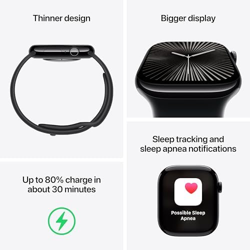 Apple Watch Series 10 (42 mm, GPS) con caja de aluminio plateado, con correa deportiva azul denim, S/M monitor de fitness, app de ECG, pantalla Retina siempre activa, impermeable