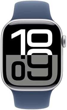 Apple Watch Series 10 (42 mm, GPS) con caja de aluminio plateado, con correa deportiva azul denim, S/M monitor de fitness, app de ECG, pantalla Retina siempre activa, impermeable