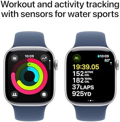 Apple Watch Series 10 (42 mm, GPS) con caja de aluminio plateado, con correa deportiva azul denim, S/M monitor de fitness, app de ECG, pantalla Retina siempre activa, impermeable