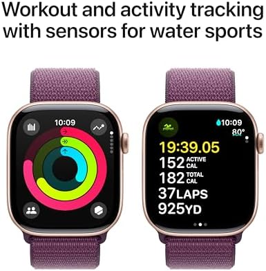 Apple Watch Series 10 (42 mm, GPS) con caja de aluminio plateado, con correa deportiva azul denim, S/M monitor de fitness, app de ECG, pantalla Retina siempre activa, impermeable