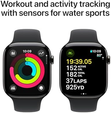 Apple Watch Series 10 (42 mm, GPS) con caja de aluminio plateado, con correa deportiva azul denim, S/M monitor de fitness, app de ECG, pantalla Retina siempre activa, impermeable