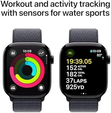 Apple Watch Series 10 (42 mm, GPS) con caja de aluminio plateado, con correa deportiva azul denim, S/M monitor de fitness, app de ECG, pantalla Retina siempre activa, impermeable