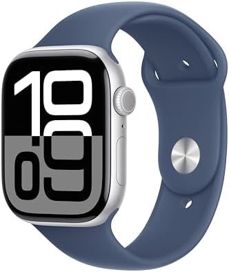 Apple Watch Series 10 (42 mm, GPS) con caja de aluminio plateado, con correa deportiva azul denim, S/M monitor de fitness, app de ECG, pantalla Retina siempre activa, impermeable