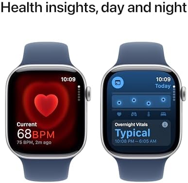 Apple Watch Series 10 (42 mm, GPS) con caja de aluminio plateado, con correa deportiva azul denim, S/M monitor de fitness, app de ECG, pantalla Retina siempre activa, impermeable