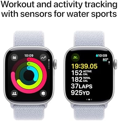 Apple Watch Series 10 (42 mm, GPS) con caja de aluminio plateado, con correa deportiva azul denim, S/M monitor de fitness, app de ECG, pantalla Retina siempre activa, impermeable