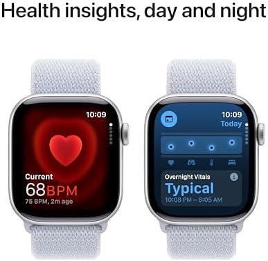 Apple Watch Series 10 (42 mm, GPS) con caja de aluminio plateado, con correa deportiva azul denim, S/M monitor de fitness, app de ECG, pantalla Retina siempre activa, impermeable