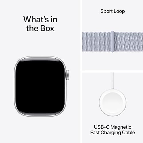 Apple Watch Series 10 (42 mm, GPS) con caja de aluminio plateado, con correa deportiva azul denim, S/M monitor de fitness, app de ECG, pantalla Retina siempre activa, impermeable