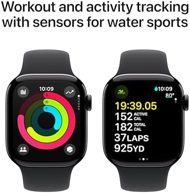 Apple Watch Series 10 (42 mm, GPS) con caja de aluminio plateado, con correa deportiva azul denim, S/M monitor de fitness, app de ECG, pantalla Retina siempre activa, impermeable