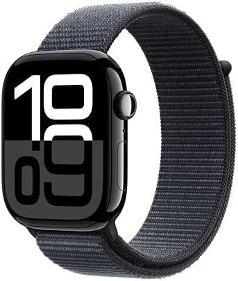 Apple Watch Series 10 (42 mm, GPS) con caja de aluminio plateado, con correa deportiva azul denim, S/M monitor de fitness, app de ECG, pantalla Retina siempre activa, impermeable