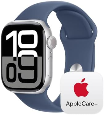 Apple Watch Series 10 (42 mm, GPS) con caja de aluminio plateado, con correa deportiva azul denim, S/M monitor de fitness, app de ECG, pantalla Retina siempre activa, impermeable