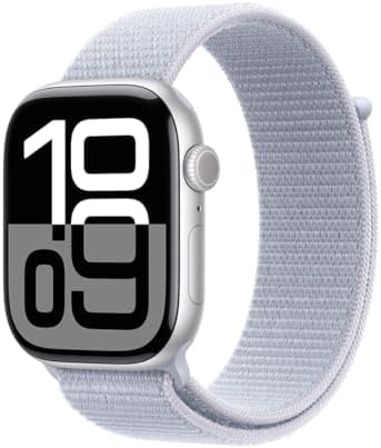 Apple Watch Series 10 (42 mm, GPS) con caja de aluminio plateado, con correa deportiva azul denim, S/M monitor de fitness, app de ECG, pantalla Retina siempre activa, impermeable