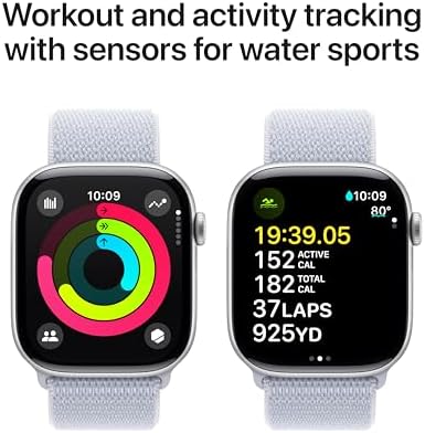 Apple Watch Series 10 (42 mm, GPS) con caja de aluminio plateado, con correa deportiva azul denim, S/M monitor de fitness, app de ECG, pantalla Retina siempre activa, impermeable