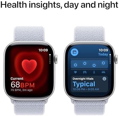 Apple Watch Series 10 (42 mm, GPS) con caja de aluminio plateado, con correa deportiva azul denim, S/M monitor de fitness, app de ECG, pantalla Retina siempre activa, impermeable