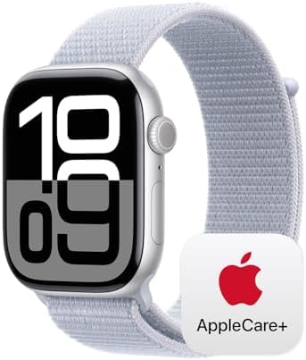 Apple Watch Series 10 (42 mm, GPS) con caja de aluminio plateado, con correa deportiva azul denim, S/M monitor de fitness, app de ECG, pantalla Retina siempre activa, impermeable