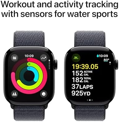 Apple Watch Series 10 (42 mm, GPS) con caja de aluminio plateado, con correa deportiva azul denim, S/M monitor de fitness, app de ECG, pantalla Retina siempre activa, impermeable