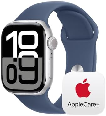 Apple Watch Series 10 (42 mm, GPS) con caja de aluminio plateado, con correa deportiva azul denim, S/M monitor de fitness, app de ECG, pantalla Retina siempre activa, impermeable