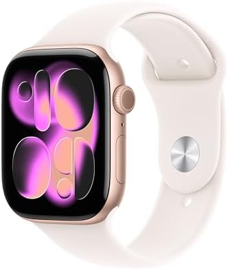 Apple Reloj inteligente de la serie 11 [GPS de 1.654 in] con caja de aluminio oro rosa con banda deportiva color rubor claro - S/M. Puntuación de sueño, rastreador de fitness, monitoreo de salud