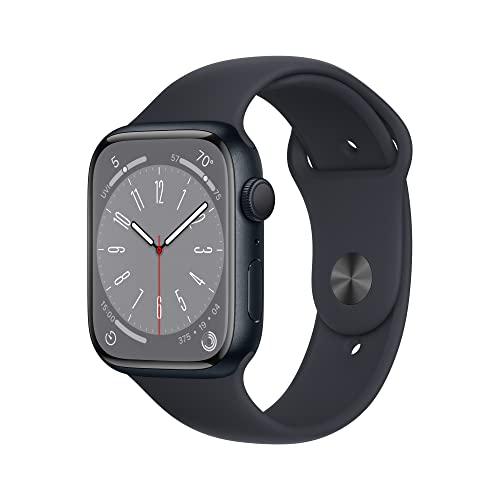 Apple Watch Series 8 - Reloj inteligente con caja de aluminio de color negro (Midnight) y correa deportiva de color negro (Midnight), M/L (renovado) (GPS, 45 mm)