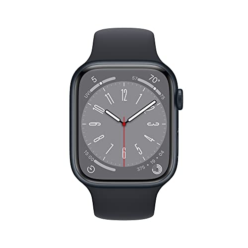 Apple Watch Series 8 - Reloj inteligente con caja de aluminio de color negro (Midnight) y correa deportiva de color negro (Midnight), M/L (renovado) (GPS, 45 mm)