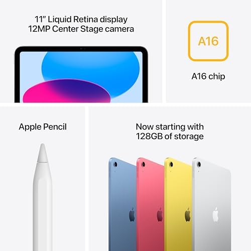 Apple iPad 11 inch  A16 chip  11 inch Model  Liquid Retina Display  128GB  Wi Fi 6  12MP Front/12MP Back Camera  Touch ID  All Day Battery Life   Silver