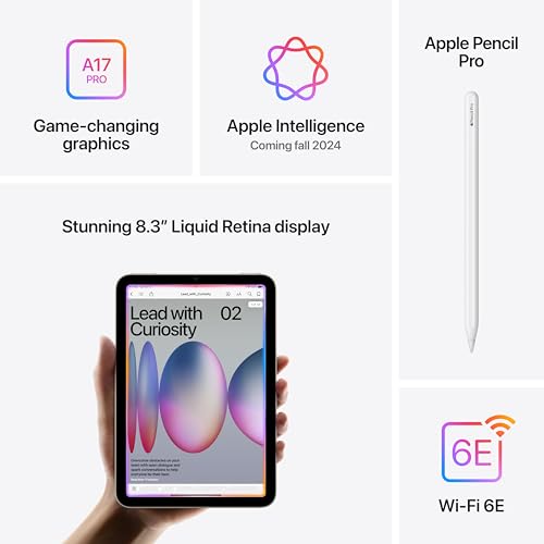 Apple iPad mini (A17 Pro): Apple Intelligence, pantalla de retina líquida de 8.3 pulgadas, 128 GB, Wi-Fi 6E, cámara frontal de 12 MP/trasera de 12 MP, Touch ID, duración de la batería durante todo el