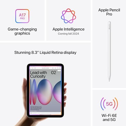 Apple iPad mini (A17 Pro): Apple Intelligence, pantalla de retina líquida de 8.3 pulgadas, 128 GB, Wi-Fi 6E, cámara frontal de 12 MP/trasera de 12 MP, Touch ID, duración de la batería durante todo el