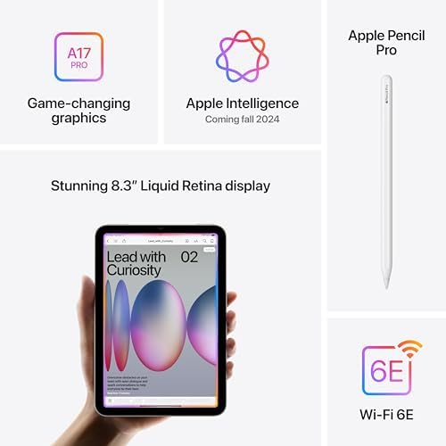 Apple iPad mini  A17 Pro   Apple Intelligence  8 3 inch Liquid Retina Display  128GB  Wi Fi 6E  12MP Front/12MP Back Camera  Touch ID  All Day Battery Life   Space Gray