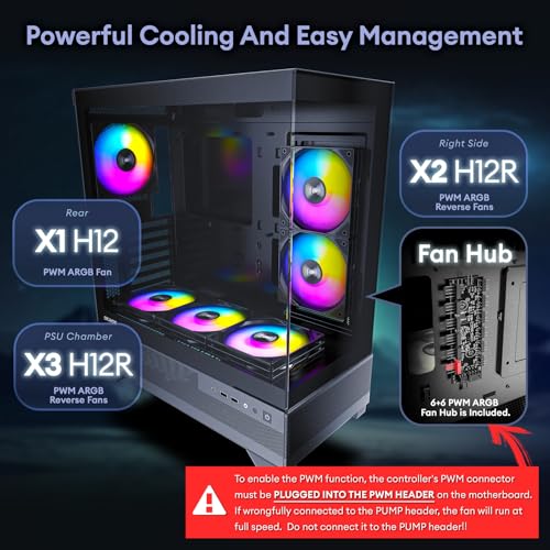 Aqua 7 Pre Installed 6 120mm PWM ARGB Fan ATX Mid Tower PC Case Computer case with Panoramic View Tempered Glass Front & Side Panel Type C Port Gaming PC Case Black