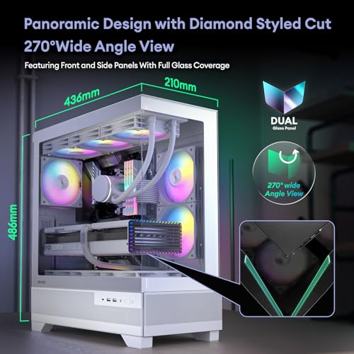 Aqua 7 Pre Installed 6 120mm PWM ARGB Fan ATX Mid Tower PC Case Computer case with Panoramic View Tempered Glass Front & Side Panel Type C Port Gaming PC Case Black