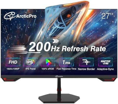 ArcticPro 24inch Gaming Monitor 200Hz 180Hz  FHD 1080p  IPS Panel  1ms Response Time  Adaptive sync  PC Computer Monitor  3 Sided Frameless  Ultra Slim  Bluelight Filter  DP 1  HDMI 1