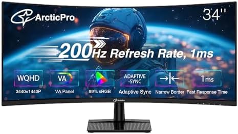 ArcticPro 24inch Gaming Monitor 200Hz 180Hz  FHD 1080p  IPS Panel  1ms Response Time  Adaptive sync  PC Computer Monitor  3 Sided Frameless  Ultra Slim  Bluelight Filter  DP 1  HDMI 1