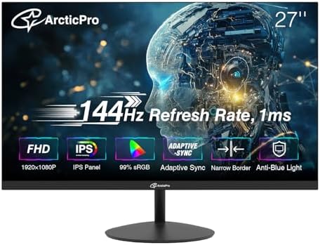 ArcticPro 27inch Computer Monitor  FHD 1080p  144Hz Office and Gaming Monitor  IPS  Adaptive Sync  110  sRGB  1ms  3 Sided Frameless  Ultra Slim  VESA Mountable  Anti Blue Light Design  HDMI  DP