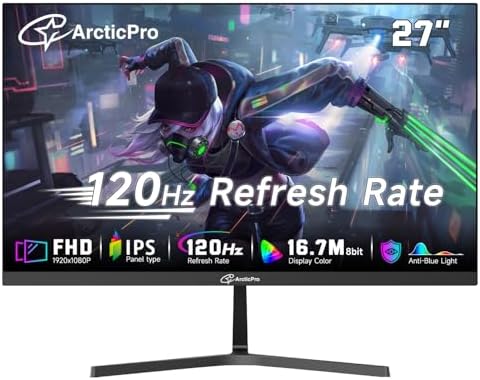 ArcticPro 27inch Computer Monitor  FHD 1080p  144Hz Office and Gaming Monitor  IPS  Adaptive Sync  110  sRGB  1ms  3 Sided Frameless  Ultra Slim  VESA Mountable  Anti Blue Light Design  HDMI  DP
