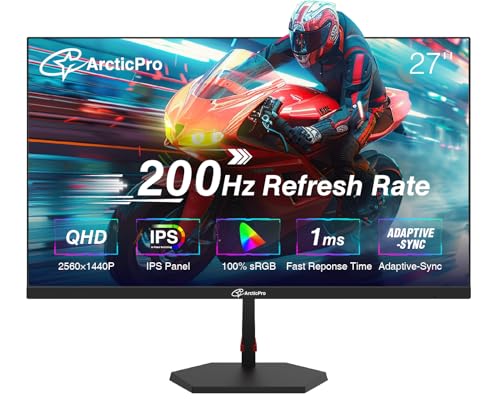 ArcticPro 27inch Gaming Monitor QHD 2560 1440p  200Hz  2K  IPS Panel  1ms Response Time  Adaptive sync  PC Computer Monitor  3 Sided Frameless  Ultra Slim  130  sRGB  Bluelight Filter  HDMI  2  DP 2