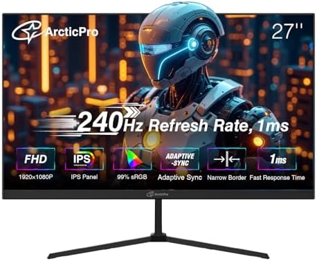 ArcticPro 27inch Gaming Monitor 300Hz  QHD 2560   1440p  IPS  1ms Response Time  Adaptive sync  3 Sided Frameless  Anti Blue Light  Ultra Slim  132  sRGB  with DP Cable up to 300Hz  DP 2  HDMI 2