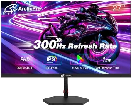 ArcticPro 27inch Gaming Monitor 300Hz  QHD 2560   1440p  IPS  1ms Response Time  Adaptive sync  3 Sided Frameless  Anti Blue Light  Ultra Slim  132  sRGB  with DP Cable up to 300Hz  DP 2  HDMI 2