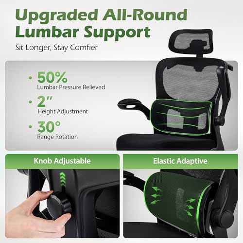 AreShark Office Chair Ergonomic Desk Chairs with Adjustable Lumbar Support& Headrest Hanger  High Back Breathable Mesh Chair with Wheels  Rolling Swivel Comfy Task Computer Chair for Home Work Gaming