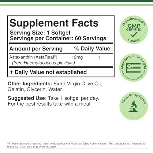 Astaxanthin 12mg Max Strength  Only Patented Astaxanthin  Astrareal  with 70  Human Clinical Trials   Worlds Most Studied Brand  Grown  Harvested  and Made in The USA  Astaxantina  by Double Wood