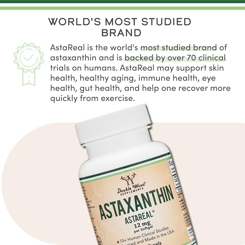 Astaxanthin 12mg Max Strength  Only Patented Astaxanthin  Astrareal  with 70  Human Clinical Trials   Worlds Most Studied Brand  Grown  Harvested  and Made in The USA  Astaxantina  by Double Wood